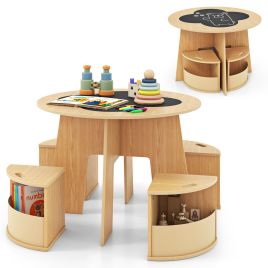 5 PCS Kids Table and Chair Set with Writable Blackboard Desktop-Natural