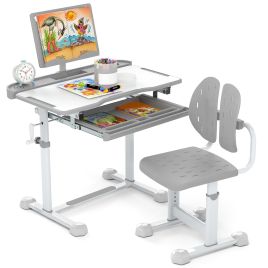 DELWYNNE Height-Adjustable Kid's Study Desk and Chair Set with Tilt Desktop and Footrest Bar-Grey
