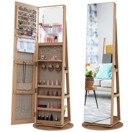 IVZEEL 360-Degree Mirrored Jewelry Armoire with 3-Color Auto-on LED Lights-Wood