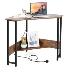 Computer Desk - Corner Desk 90deg Triangle Computer Desk with Power Outlet Rustic Brown 72cm