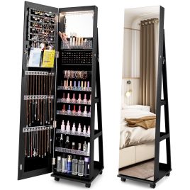 ELDENMORE Mirror Standing Jewelry Organizer with Lock 3 Color LED Lights Built-in Vanity Mirror and Universal Wheels-Black