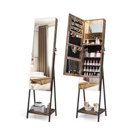 Jewellery Cabinet - Lockable Freestanding Jewelry Cabinet Armoire with Full-Length Frameless Mirror-Rustic Brown
