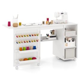 Multipurpose Table - Folding Sewing Table with Storage Shelves and 18 Pegs and Lockable Casters-White