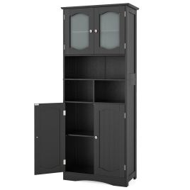 Bathroom Cabinet - 148cm Tall Bathroom Cabinet Storage Cabinet with Glass Doors-Black