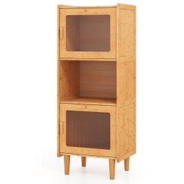 3-Cube Bamboo Cabinet with Open Compartment and 2 Acrylic Doors-Natural