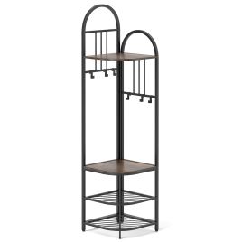 ONARA Corner Hall Tree 4-Tier Coat Rack with Storage Bench and Hooks-Rustic Brown