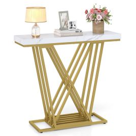 Gold Console Table Modern Sofa Table with Faux Marble Rectangular Tabletop-White