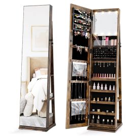 ELVRAN 360° Swivel Jewelry Cabinet Full Length Mirror and Back Shelves-Rustic Brown