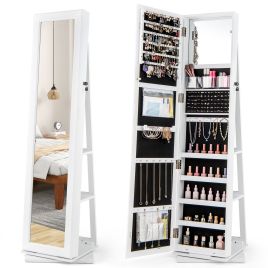 LYZE 360deg Swivel Jewelry Armoire with Full Length Mirror and Back Shelves-White