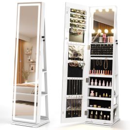 ELWOODEN 360° Swivel Jewelry Cabinet Freestanding Jewelry Storage Organizer with Lighted Full Length Mirror-White