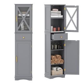 XORIRA Tall Bathroom Cabinet with Drawer 2 Doors and 3 Adjustable Shelves-Grey