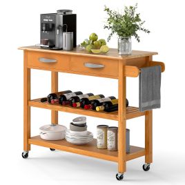 HARROWELL Kitchen Island with Storage 3-Tier Rolling Utility Cart with Wood Countertop-Natural