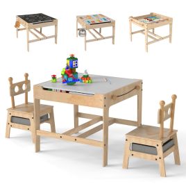 RAVENDALE Kids Table and Chairs 4 in 1 Wooden Activity Desk Set (Bear Shape)-Grey