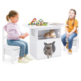 Kids Table and Chairs Set 3 Pieces Wooden Children Furniture with Cat House-White