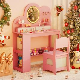 RENSHIRE Kids Vanity with Lights Princess Vanity Table and Chair Set with 2 Drawers-Pink