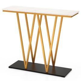 Modern Accent Extra Long Console Entry Table with Faux Marble Top-White