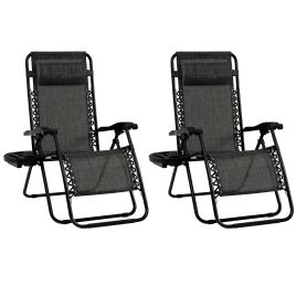 REORTY Folding Patio Recliners with Removable Headrest and Cup Holder Set of 2-Grey
