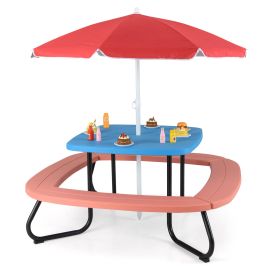 ORREUR Children HDPE Kids Picnic Table with Height Adjustable Umbrella-Blue