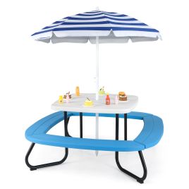 ORREUR Children HDPE Kids Picnic Table with Height Adjustable Umbrella-White