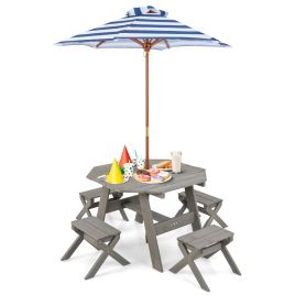 DAMY Wooden Kids Picnic Table Set with 4 Chairs and Adjustable Umbrella-Grey