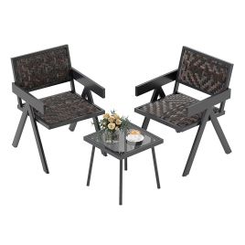 Patio Table and Chairs Set with Quick-Drying Foam for Porch and Balcony-Brown