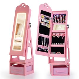 JAMIE Swivel Kids Jewelry Cabinet with Full-Length Mirror and Lights-Pink