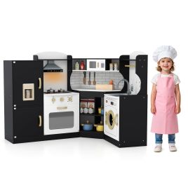 TAVOR Wooden Corner Play Kitchen with Sounds and Lights-Black