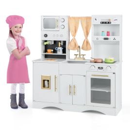 Kids Kitchen Toy - Kids Play Kitchen Wooden with Microwave and Ice Maker with Sounds-White