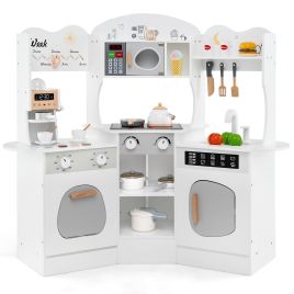 RINELO Kids Corner Wooden Play Kitchen with Coffee Machine Slide Microwave-White