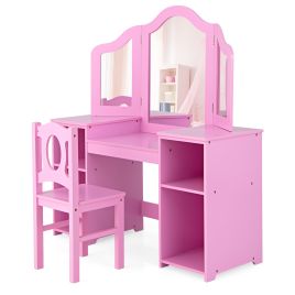 OVSIAR Kids Makeup Desk and Chair Set with Tri-Folding Detachable Mirror-Pink