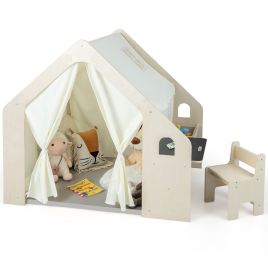 Kids Play Tent - Indoor Playhouse with Storage Bin and Floor Mat for Toddlers-Natural