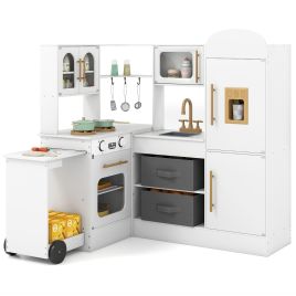 Corner Kitchen Playset Kids Pretend Play Kitchen with Pull-out Cart Fabric Bins-White