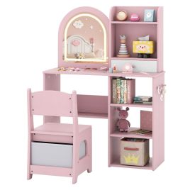 RONWICK Kids Vanity Table and Chair Set with 3-color Lighted Mirror for 3+ Years Old-Pink