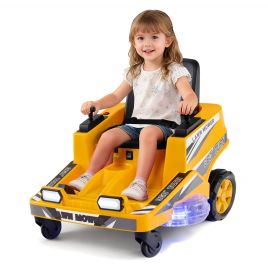NUVIX 12V Ride on Lawn Mower for Kids with Dual Control Sticks and LED Lights-Yellow