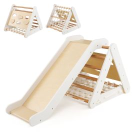 OVIVUR 4 in 1 Toddler Wooden Triangle Climber with Ramp and Sliding Board-White