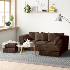 MONA Jumbo Cord 4 Seater L Shaped - Right Hand Facing Corner Sofa with Footstool - Chocolate Brown