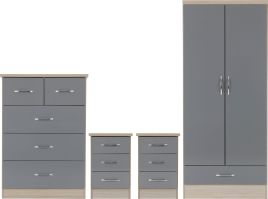 NEWBIGGIN 2 Door Wardrobe Set 4 Piece - Light Oak and Grey