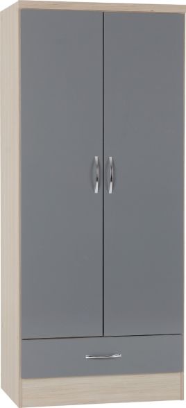 NEWBIGGIN 2 Door Wardrobe with 1 Drawer Grey Gloss with Light Oak - 78cm