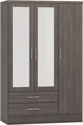 NEWBIGGIN 3 Door Mirrored Wardrobe with 2 Drawers Grey Oak - 116cm