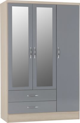 NEWBIGGIN 3 Door Mirrored Wardrobe with 2 Drawers Grey Gloss with Light Oak - 116cm