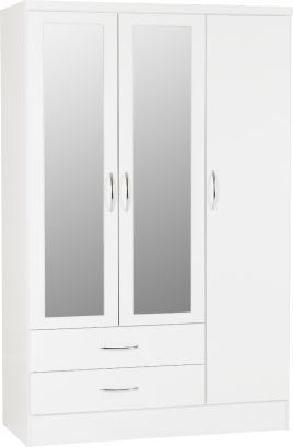 NEWBIGGIN 3 Door Mirrored Wardrobe with 2 Drawers White Gloss - 116cm