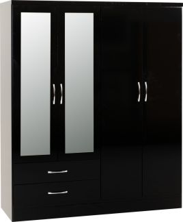NEWBIGGIN 4 Door Mirrored Wardrobe with 2 Drawers Black Gloss - 154cm