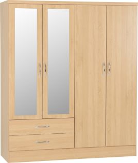 NEWBIGGIN 4 Door Mirrored Wardrobe with 2 Drawers Medium Oak - 154cm