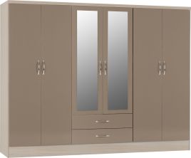 NEWBIGGIN 6 Door Mirrored Wardrobe with 2 Drawers Light Oak and Beige - 230cm