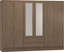 NEWBIGGIN 6 Door Mirrored Wardrobe with 2 Drawers Dark Oak - 230cm