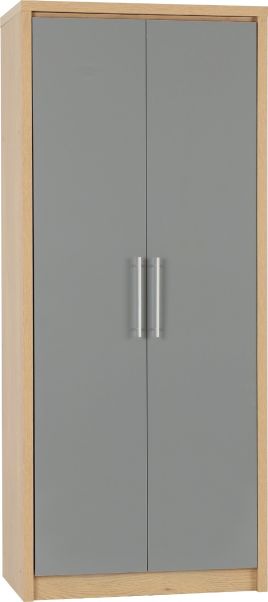 SELSEY 2 Door Wardrobe Grey High Gloss with Light Oak - 76cm