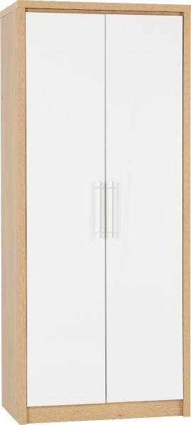 SELSEY 2 Door Wardrobe White High Gloss with Light Oak - 76cm