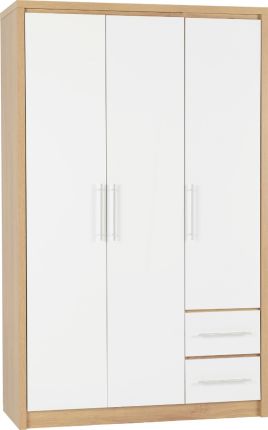 SELSEY 3 Door Wardrobe with 2 Drawers White High Gloss with Light Oak - 111cm