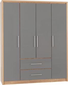 SELSEY 4 Door Wardrobe with 2 Drawers Grey High Gloss with Light Oak - 148.5cm