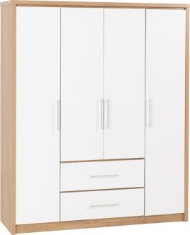 SELSEY 4 Door Wardrobe with 2 Drawers White High Gloss with Light Oak - 148.5cm